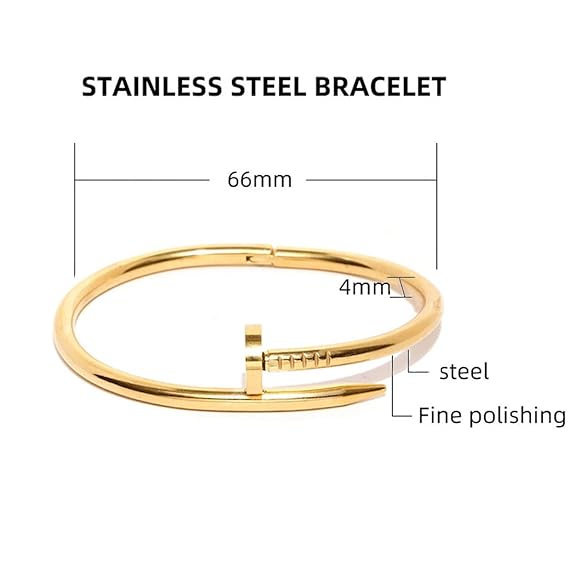 Gold stainless steel bracelet with measurements on a white background