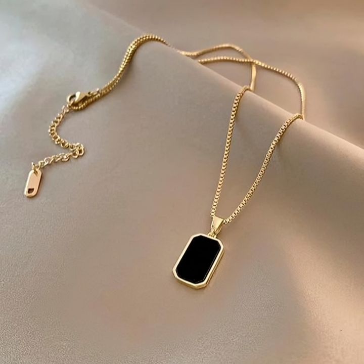 Black Rectangular Gold Plated Necklace