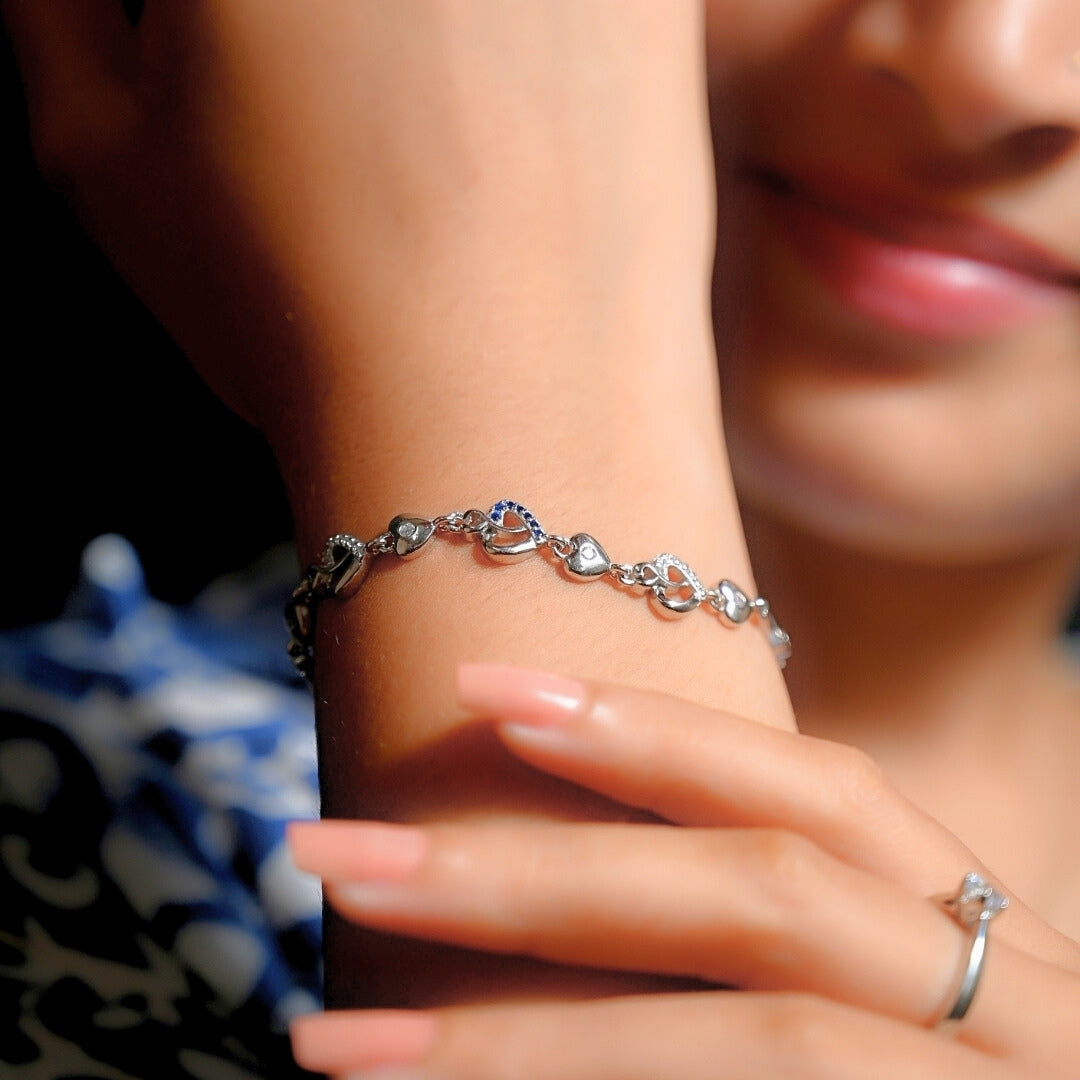 Blue Zircons Hearts Silver Bracelet