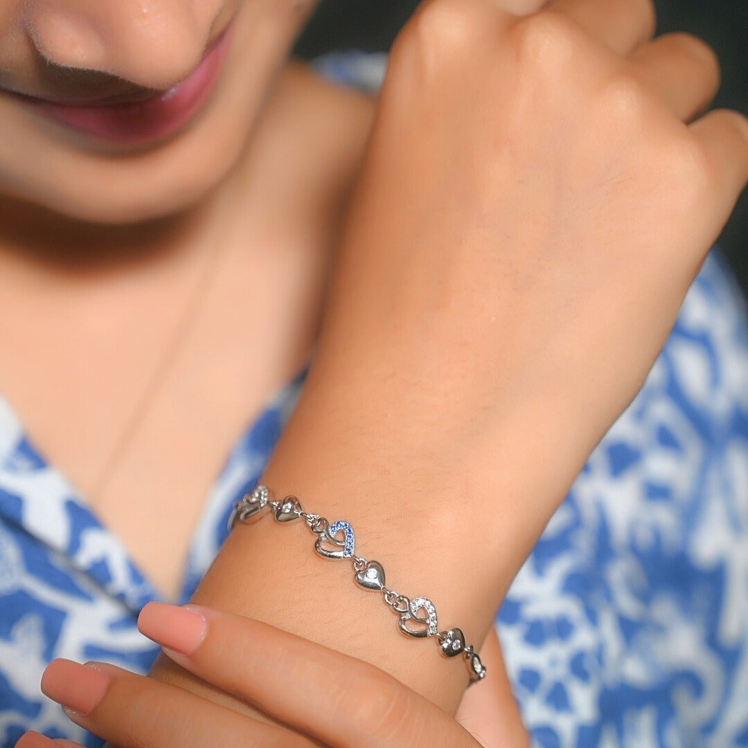 Blue Zircons Hearts Silver Bracelet