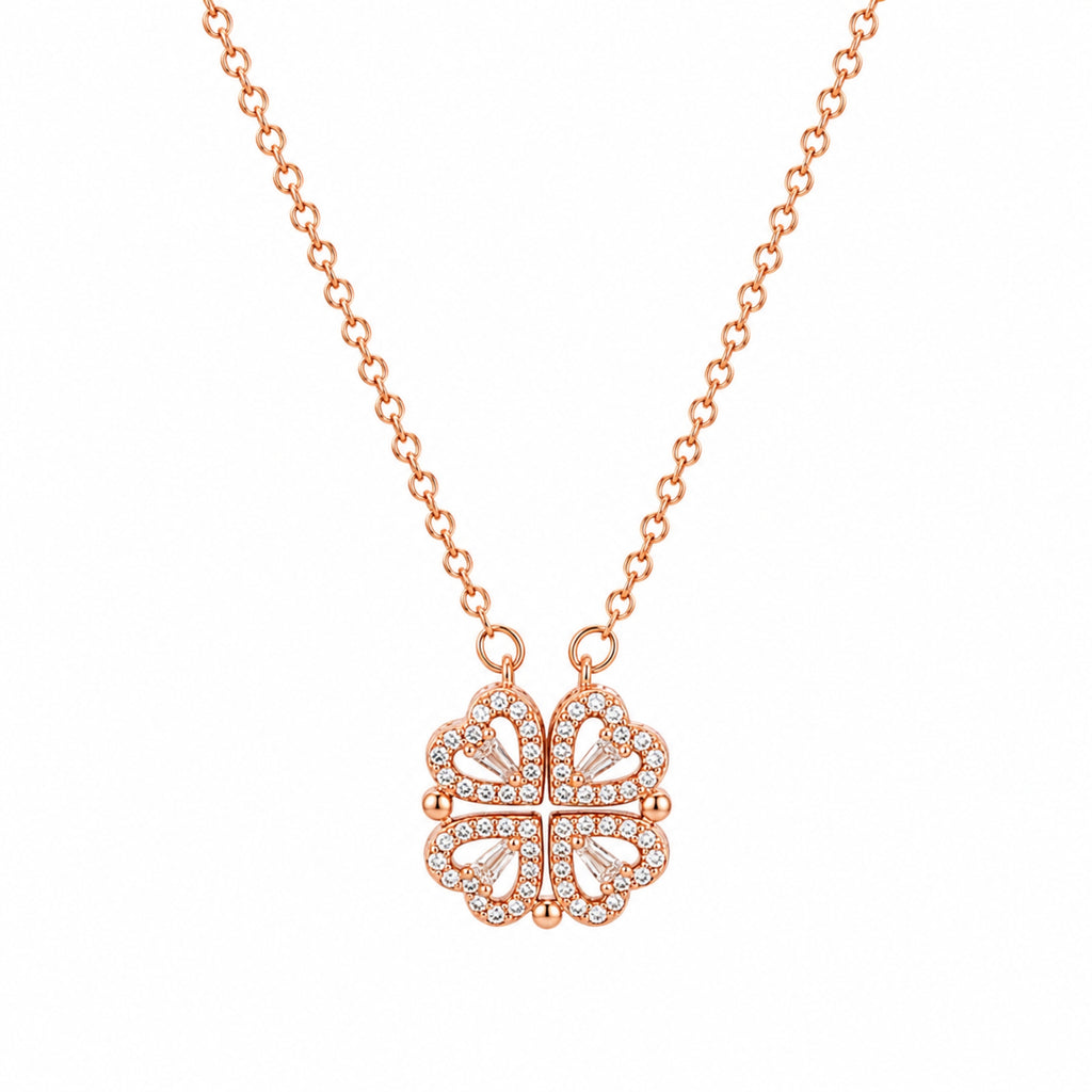 Rose Gold Plated 2-Way Magnetic Heart Clover Necklace