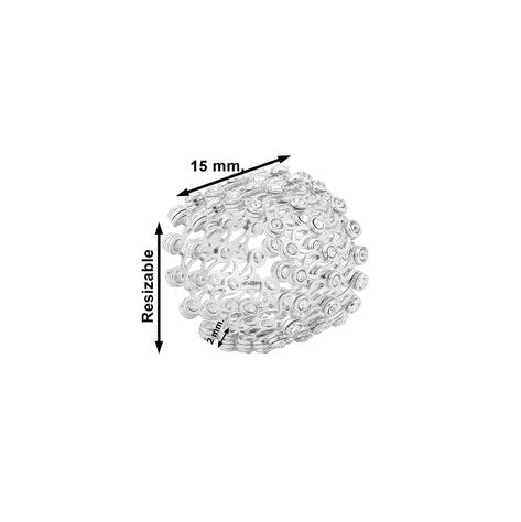 Clear resizable ring with measurement details on a white background