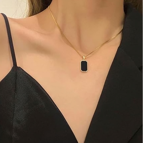 Black Rectangular Gold Plated Necklace