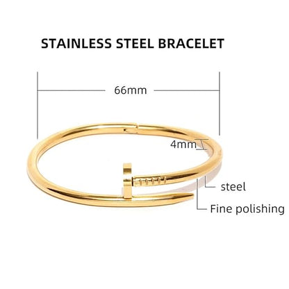 Gold stainless steel bracelet with measurements on a white background