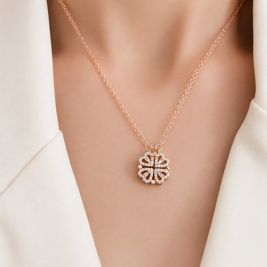 Rose Gold Plated 2-Way Magnetic Heart Clover Necklace
