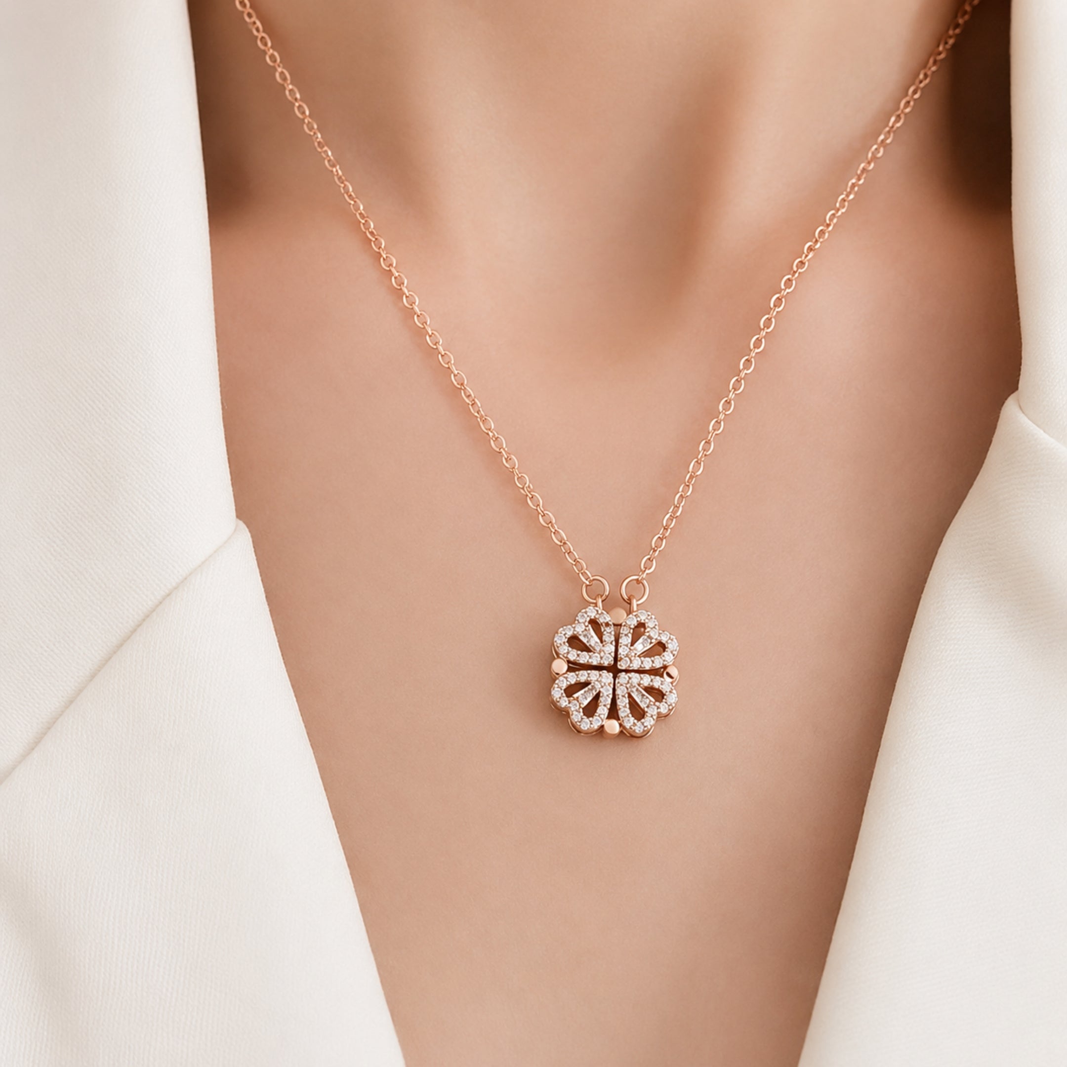 Rose Gold Plated 2-Way Magnetic Heart Clover Necklace