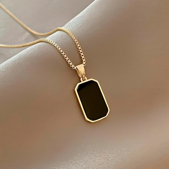 Black Rectangular Gold Plated Necklace