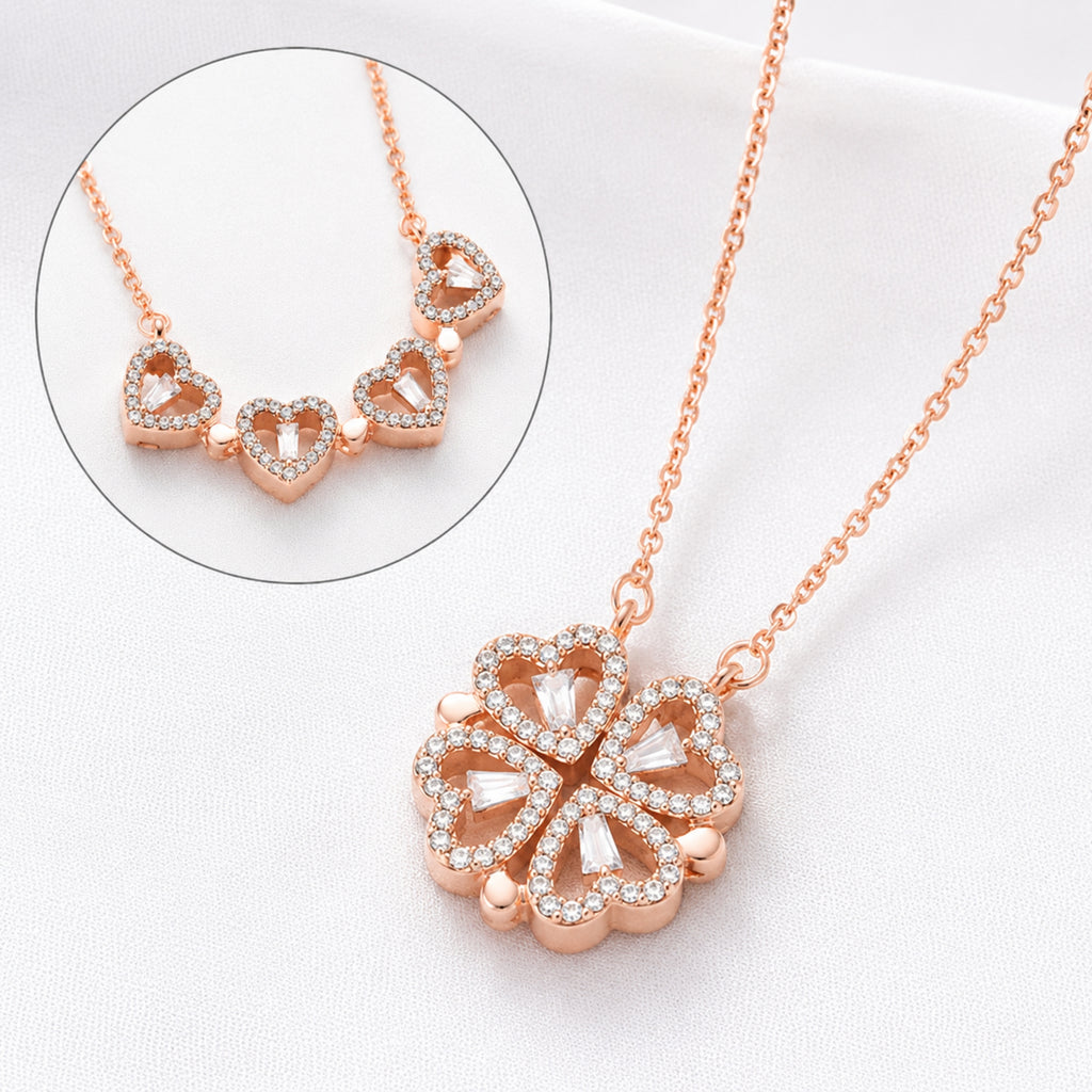 Rose Gold Plated 2-Way Magnetic Heart Clover Necklace