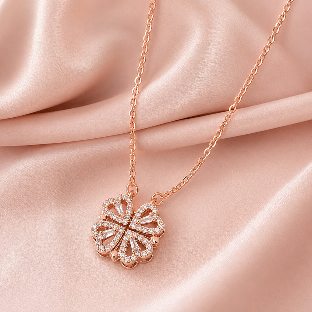 Rose Gold Plated 2-Way Magnetic Heart Clover Necklace