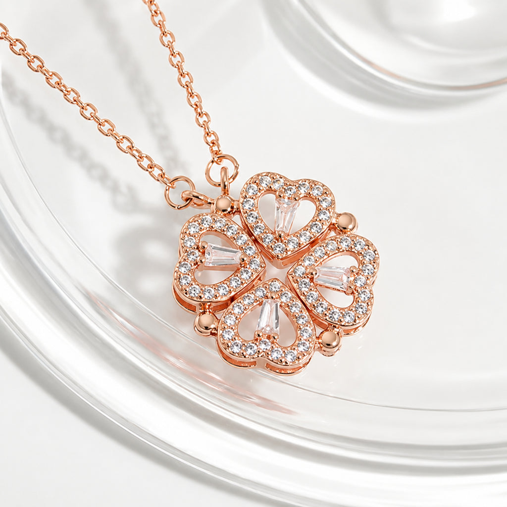 Rose Gold Plated 2-Way Magnetic Heart Clover Necklace