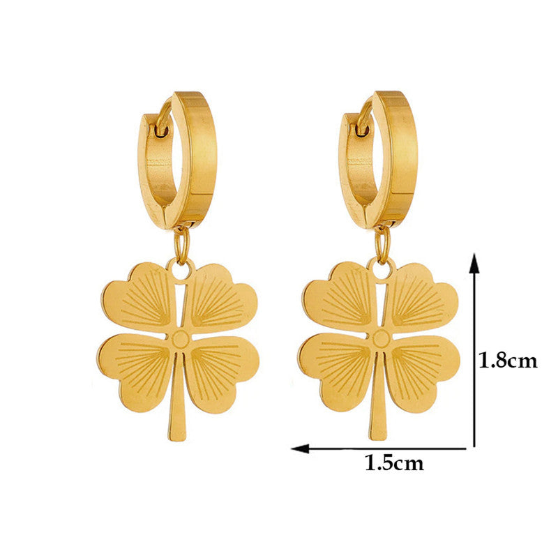 Gold four-leaf clover earrings with measurements on a white background