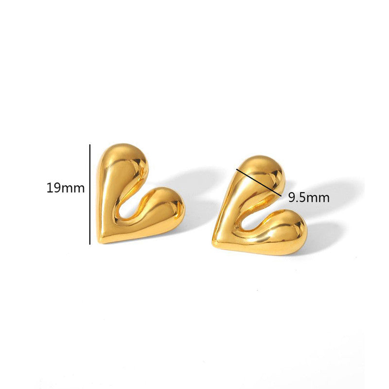 Gold heart-shaped earrings with measurements on a white background