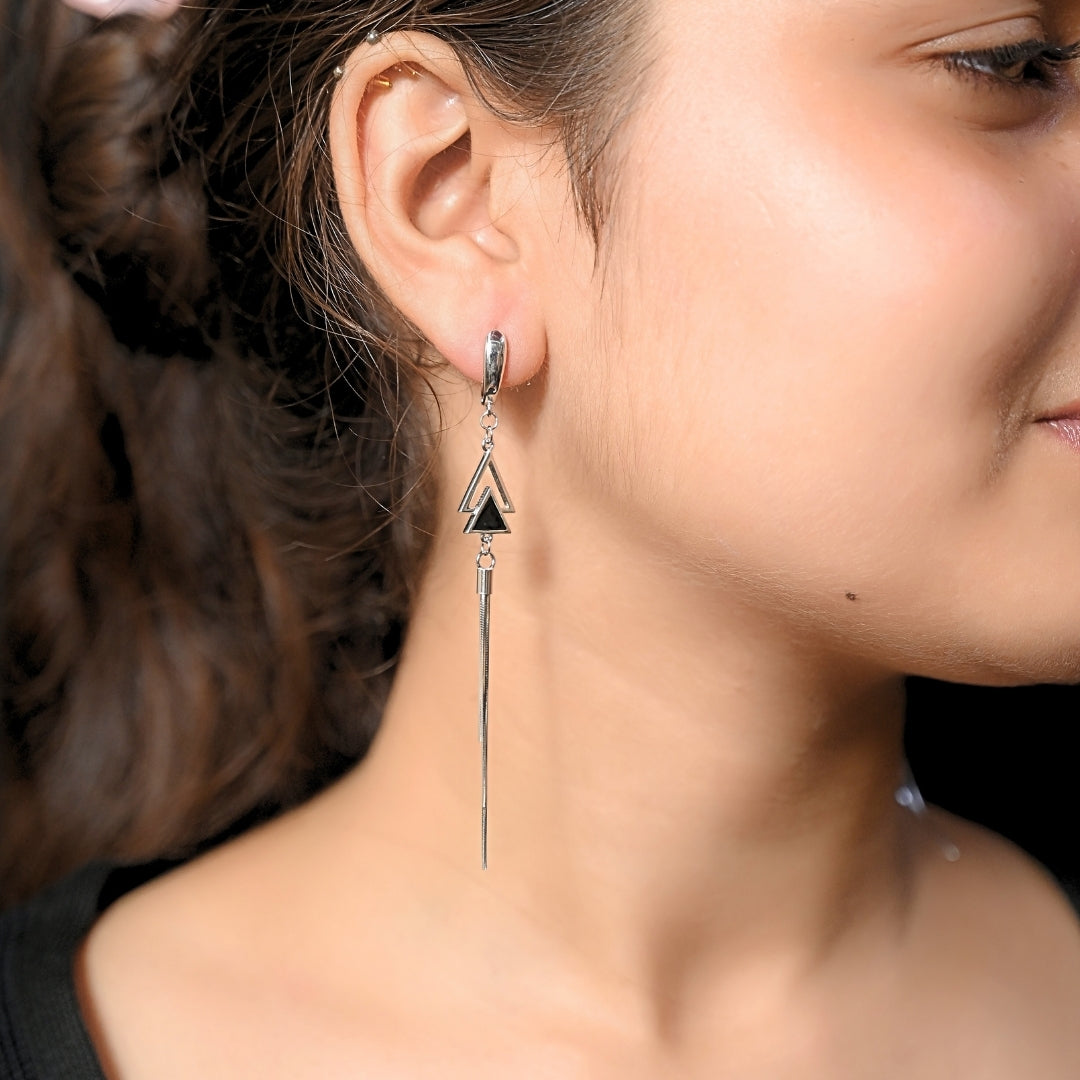Black Triange Long Silver Earrings