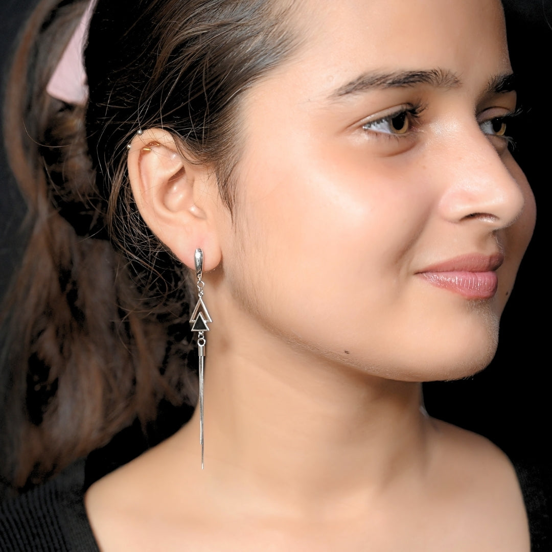 Black Triange Long Silver Earrings