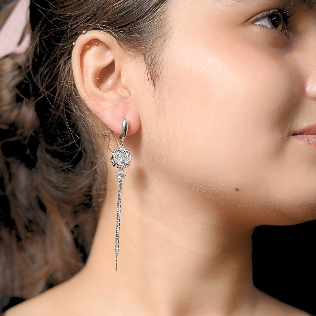 Round Classic Zircon Long Silver Earrings