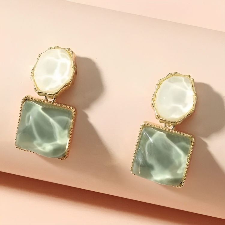 Square Green Stone Korean Earrings